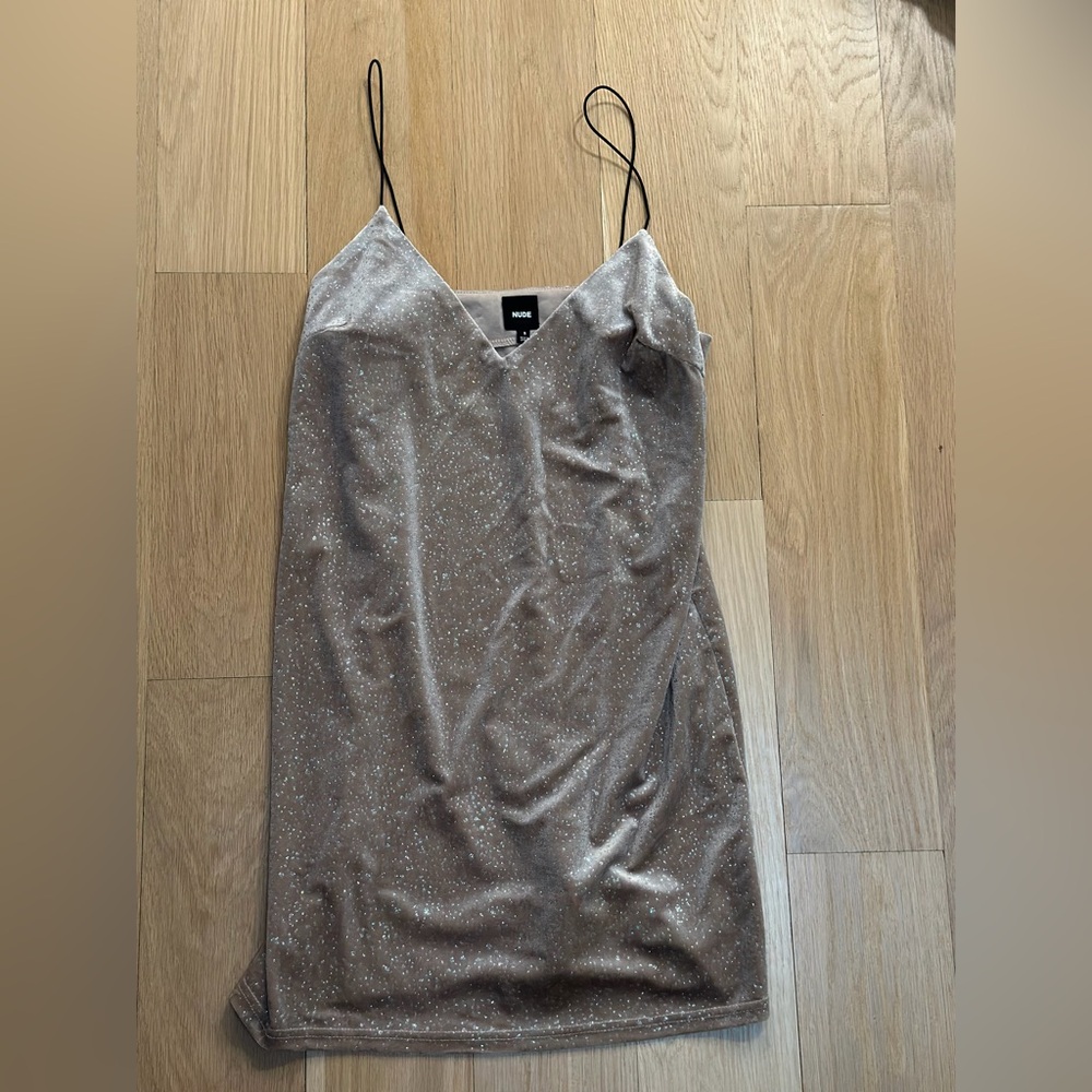 Nude Women’s Sparkling Tan Velvet Mini Dress Size Small.